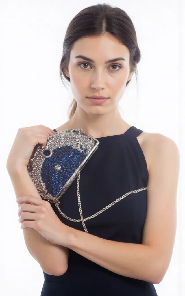 A French female model with an Evening bag, wearing a dress, against a white background, in a front   facing close   up